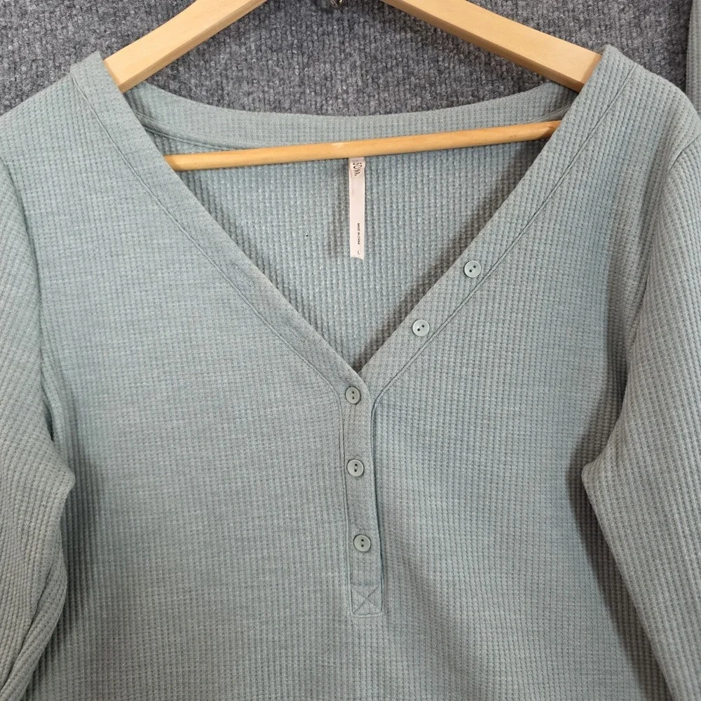 Soma Pajamas Set L Green Waffle Knit Henley‎ Thermal Top Pants Lounge Sleepwear